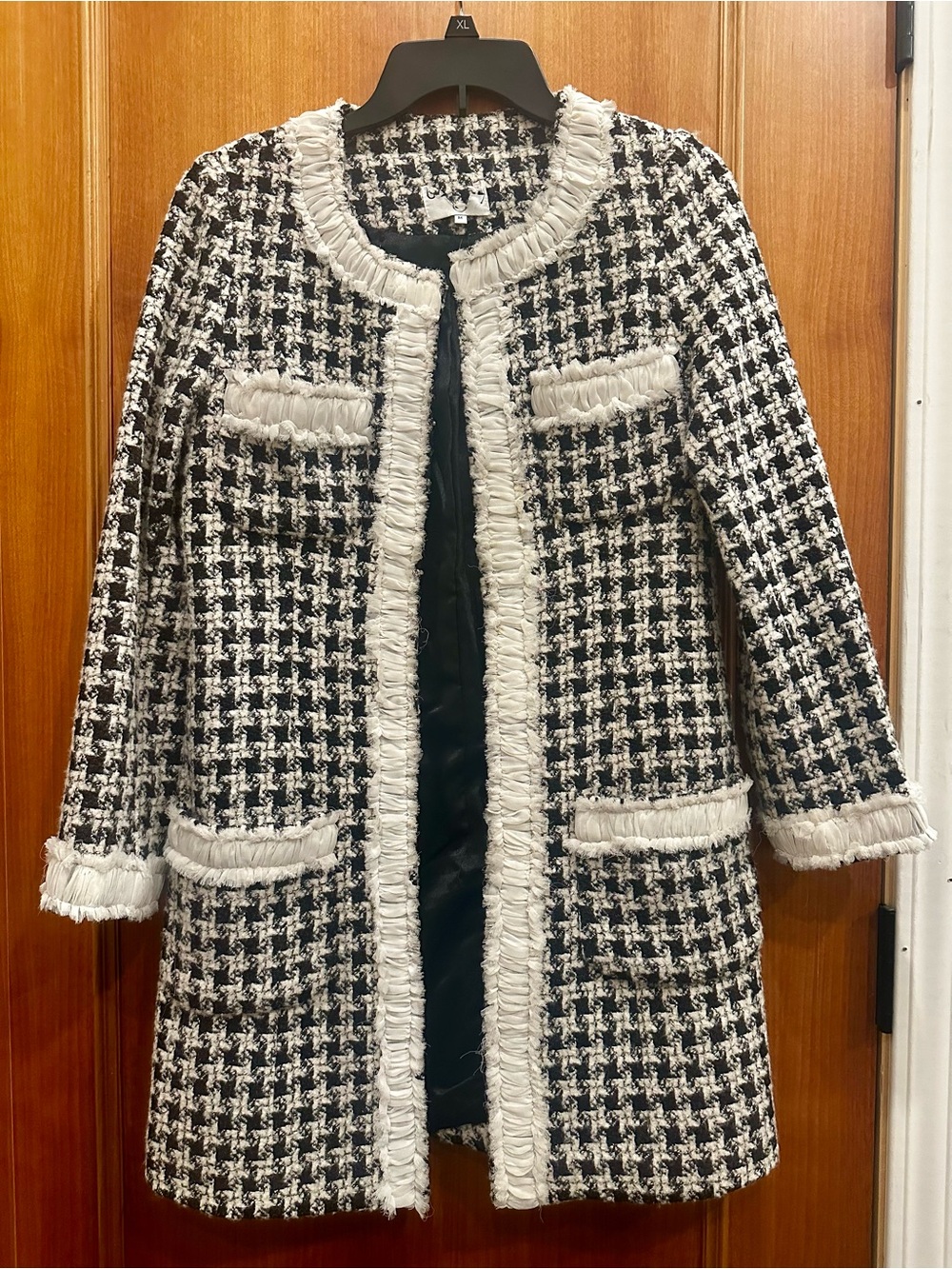 Black & White Tweed Fringe Open-Front Coat